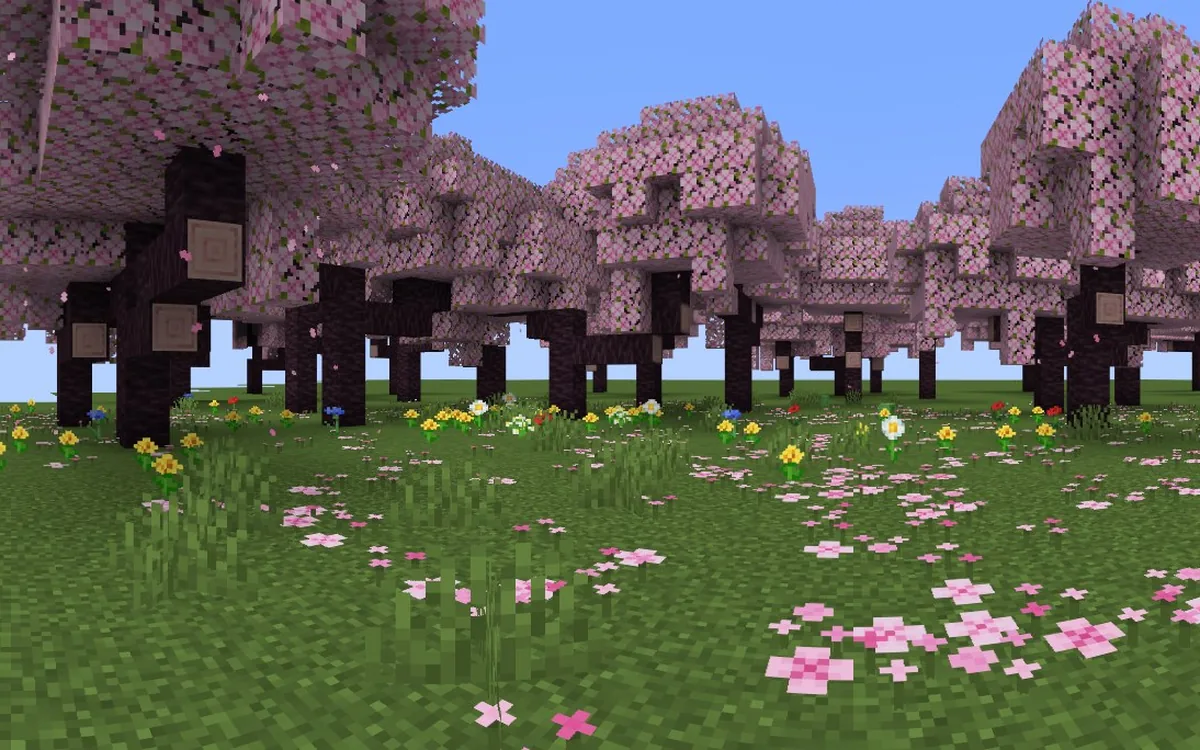 Wiśniowy staw w Minecraft, panorama z menu Nore Client